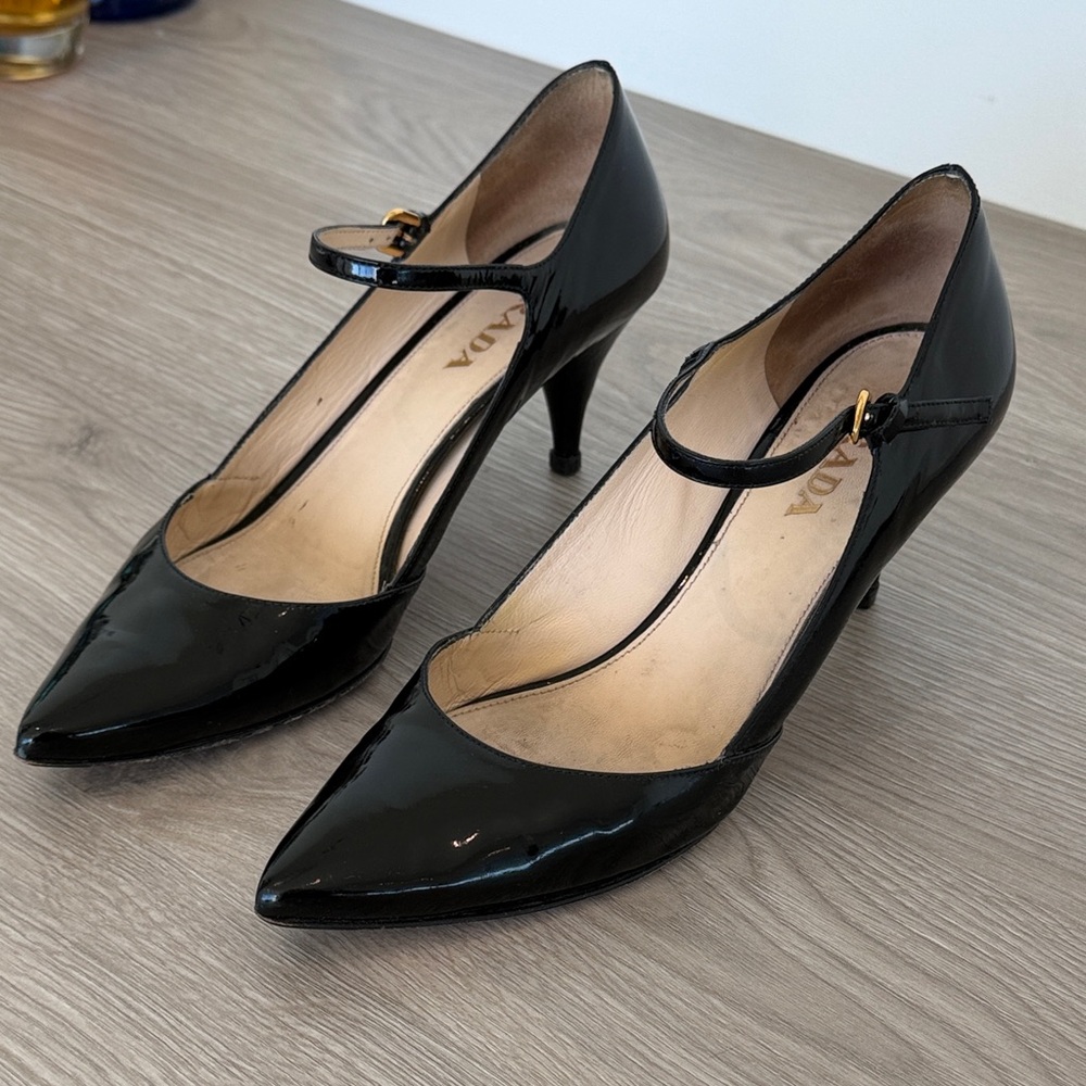 Prada Black Patent Leather MaryJane Heels, 38.5